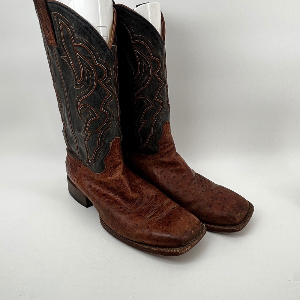 TriStarFull Quill Ostrich Leather Cowboy Boots CognacBrownBlack SquareToeWestern